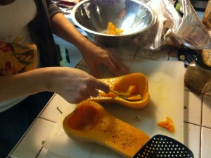 Scoop out squash into bowl, careful not to tear the skin