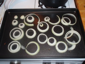 Spread Onions on Roasting Pan