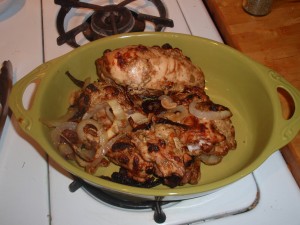 Place Chicken in Serving Dish and Cover with Onions from Pan