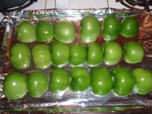 Tomatillos Cleaned and Halved; Ready for the Broiler