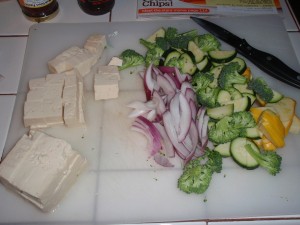 Cubed Tofu and Vegetables Ready for Wok