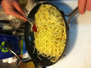 Toss egg, cheese, pasta and other ingredients together