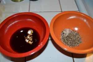 Seasonings staged next to Wok