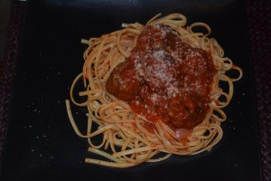 Basil and Garlic Meatballs with Marinara over Linguine